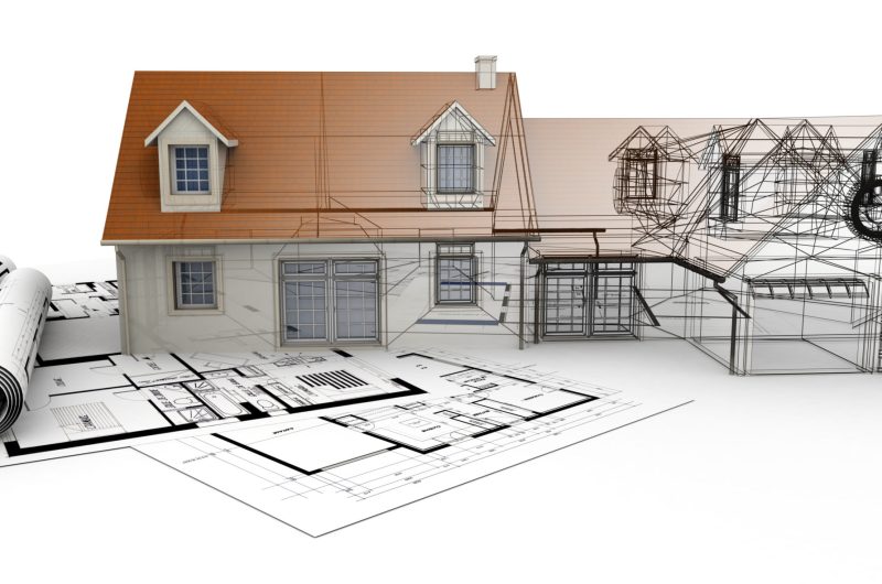 3D rendering of a house project on top of blueprints, showing different design stages